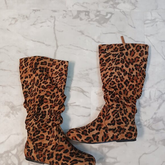 Leopard Look Scrunch Calf Boots for Women - Picture 1 of 4
